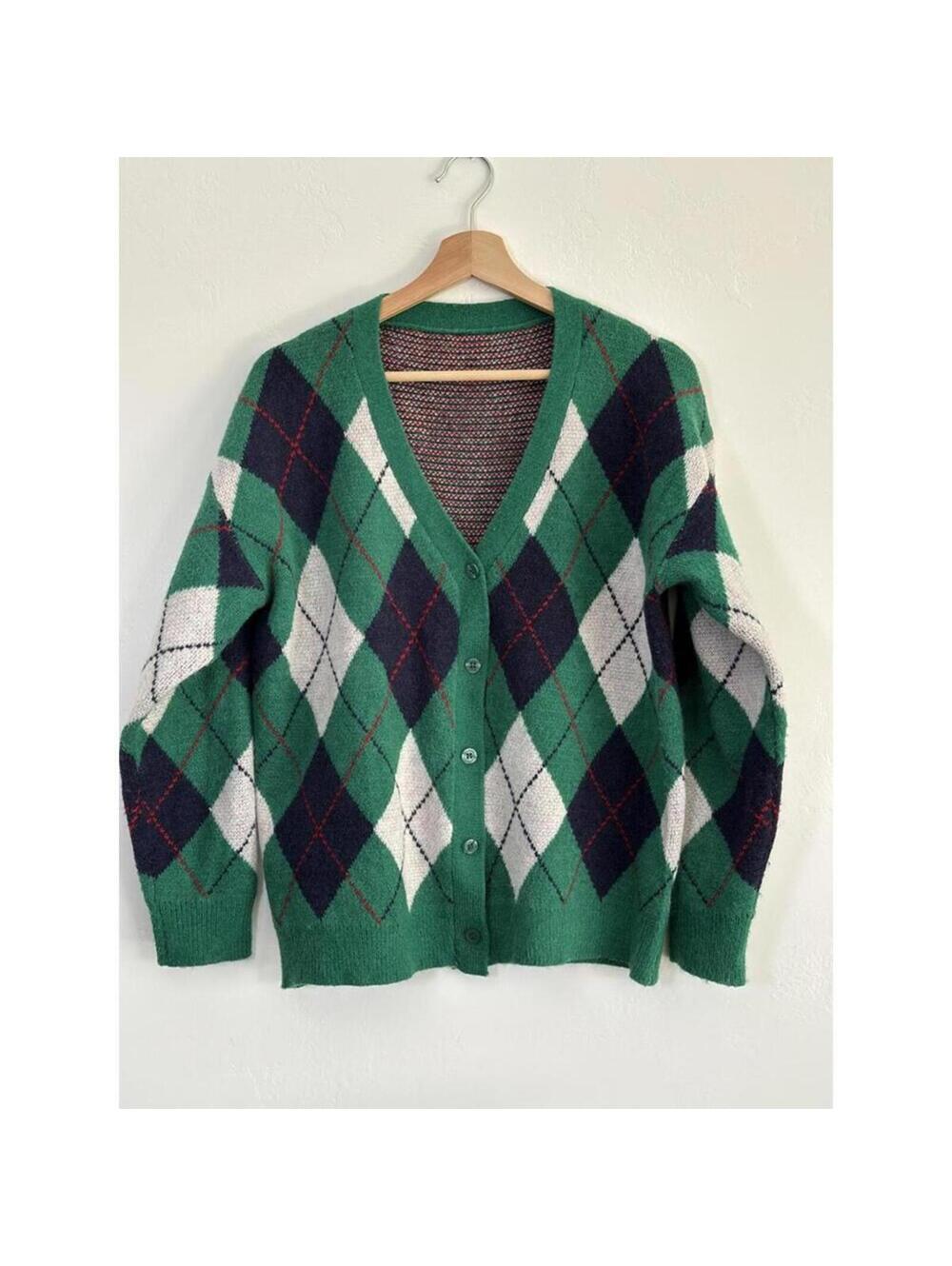 Cashmere Sweater Argyle Grandpa Preppy 90s Academic Oversized Cardigan Sweater M